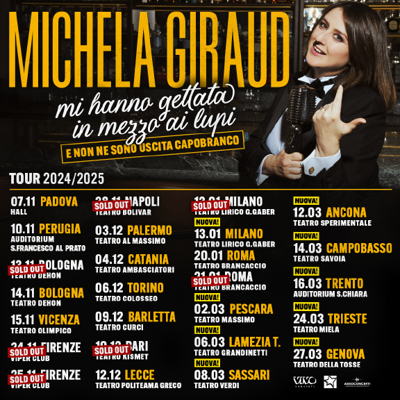 Locandina del tour 2024/2025 di Michela Giraud, intitolato "Mi hanno gettata in mezzo ai lupi e non ne sono uscita capobranco", con elenco delle date del tour.